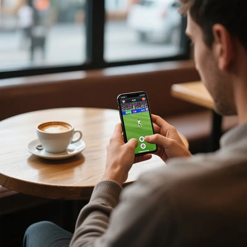 Watching sports on mobile in a cafe